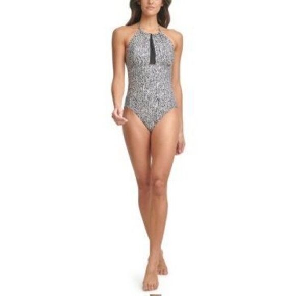 CALVIN KLEIN Women S Black Printed Stretch Tummy Control HALTER NECKLINE REMOVAB - Picture 1 of 3